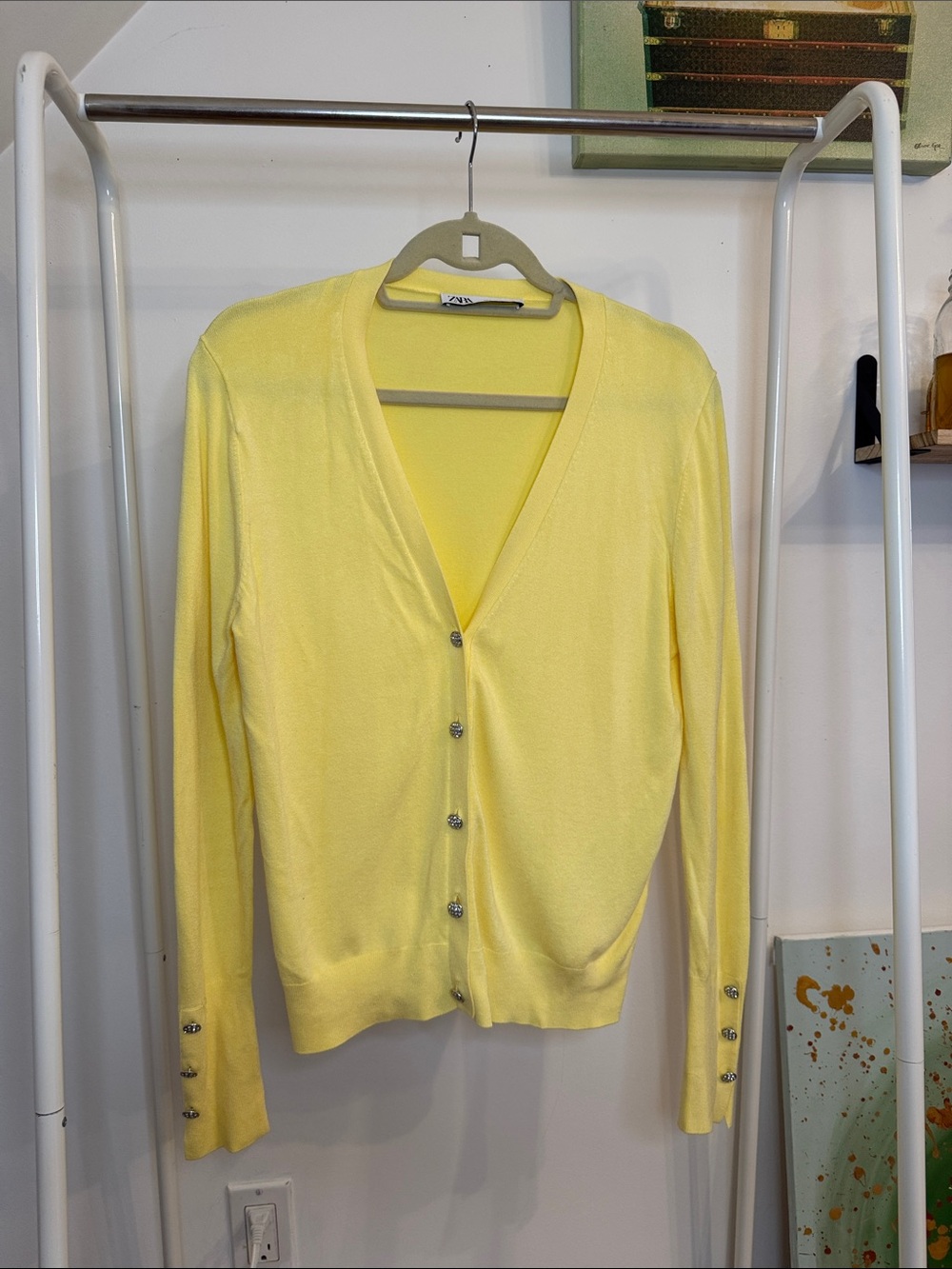 Zara Pale Yellow V-Neck Button Cardigan with Sparkly Buttons✨size L